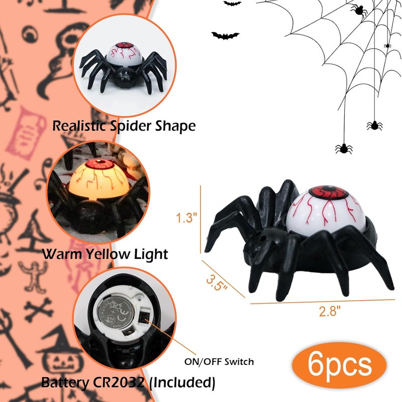 DRomance Halloween Flameless Flickering Candle Lights Battery Operated with 6H Timer, Spooky Spider Red Eyeballs Shaped LED Candles Cute Halloween Decoration Indoor(6 Pack, 2.8" x 3.5" x 1.3") - Image 2